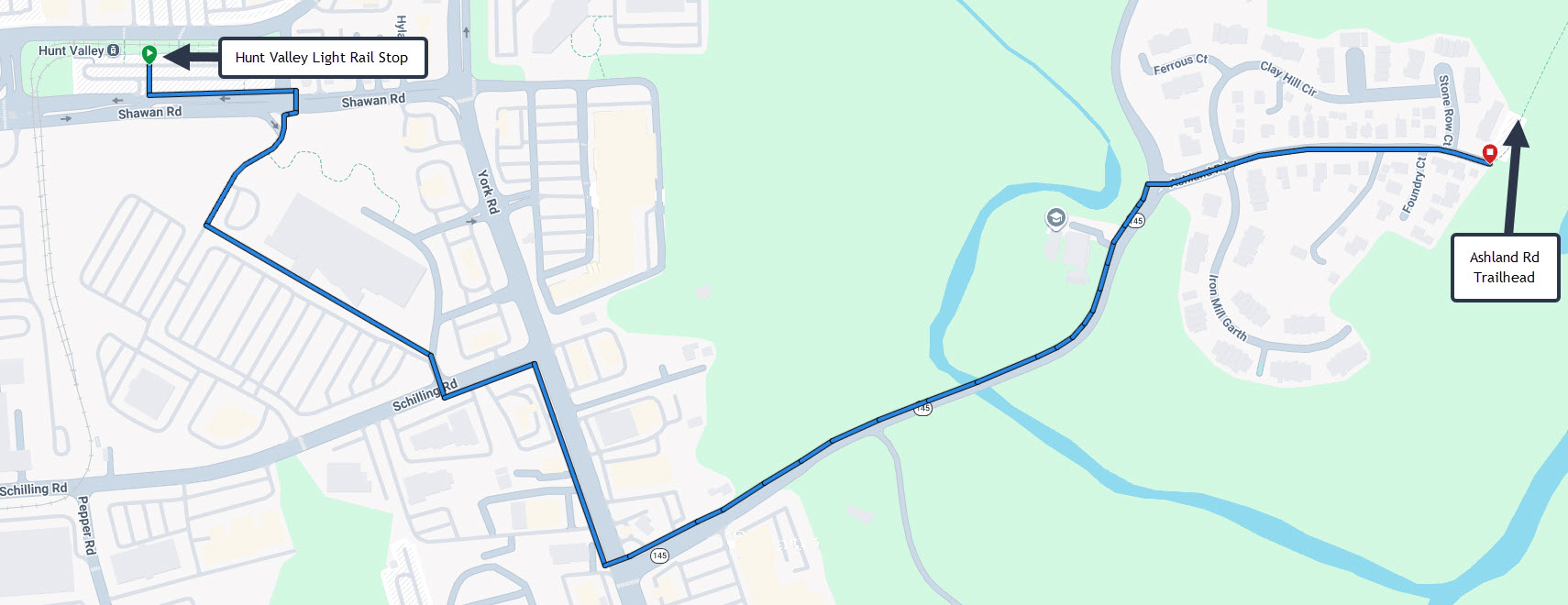 Walking route from Light Rail Station to NCR Trail Light Rail to NCR walking path