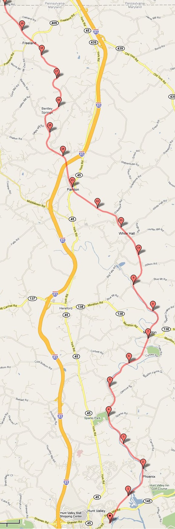 NCR Trail with approximate mile markers NCR Trail in Maryland